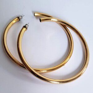 Vintage Huge 3" Shiny Gold Earrings Gypsy Hoops Boho Round Circle
